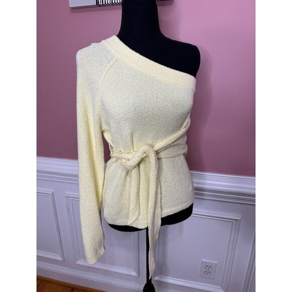 Nanushka Cleto One-Shoulder Terry Sweater in Yellow Small Knit Waist Tie Lace - Picture 4 of 5